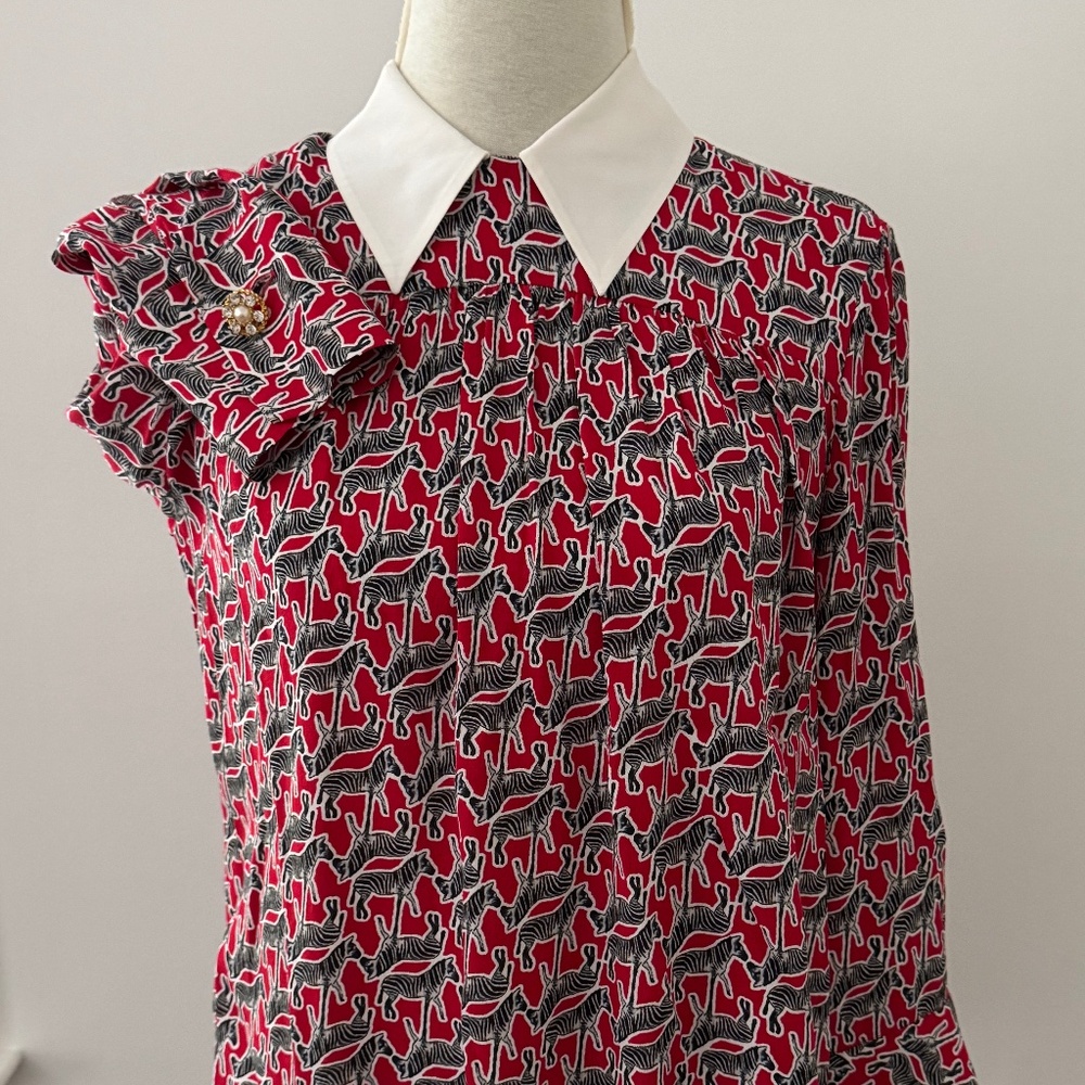 Zara Woman Red Zebra Print Collared Long Sleeve Blouse M Party Holidays EUC